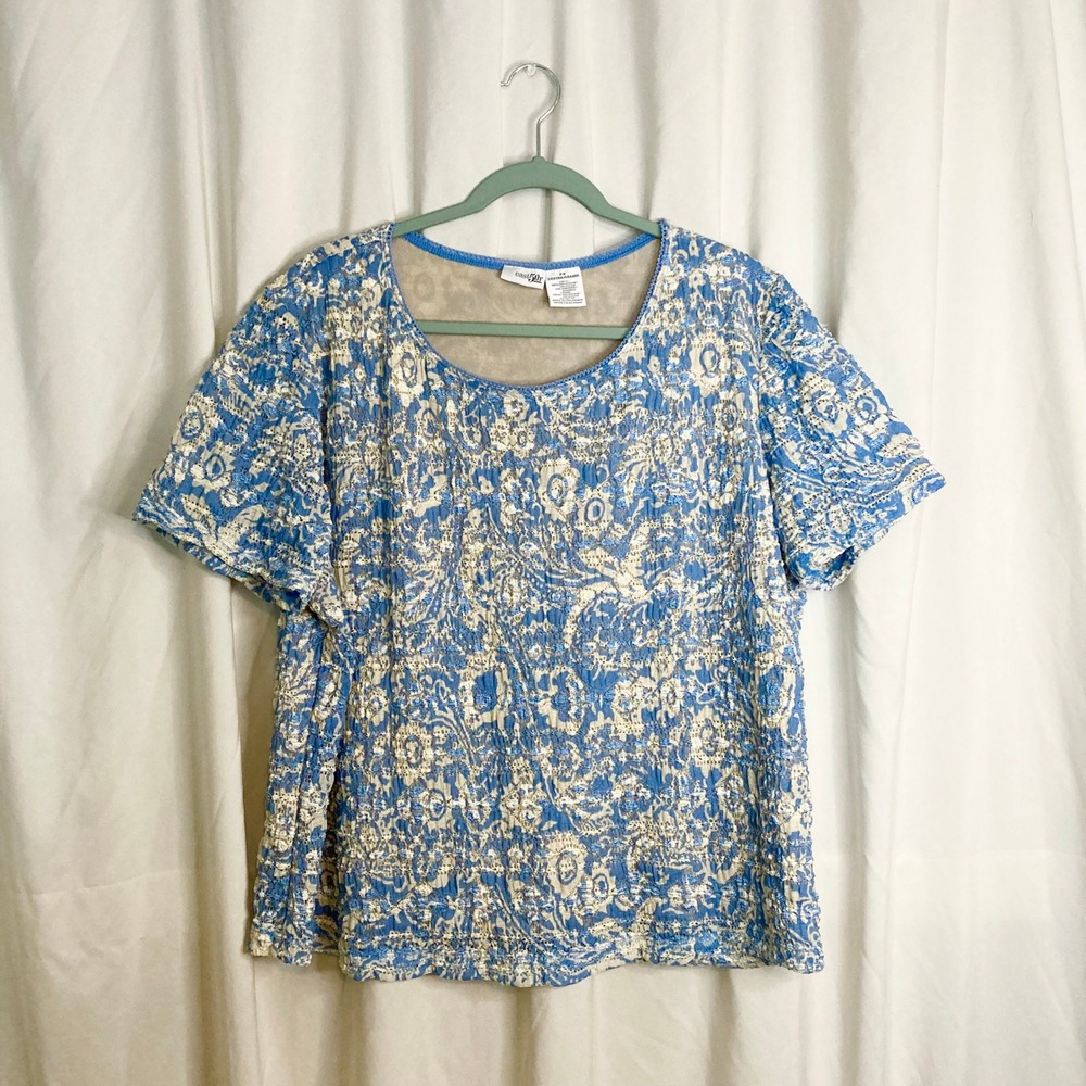 Y2K Blue Floral Lace Textured Short Sleeve Top East 5th 2X Cottagecore Grandma